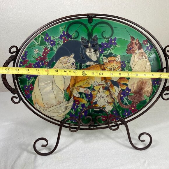 Joan Baker Designs Painted Glass Cat Tray w/ Metal Stand Faux Stained Glass - Picture 4 of 9